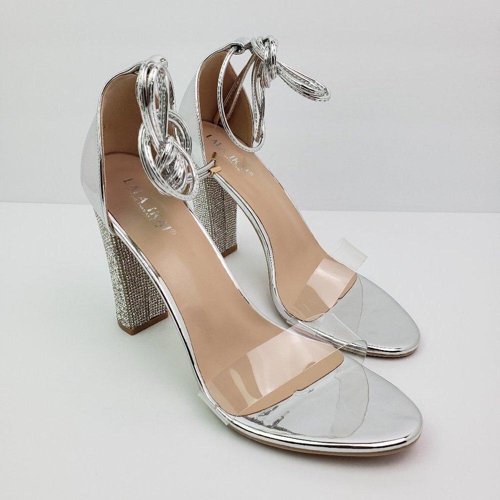 Lala Ikai Womens Size 40 US 9 Silver Rhinestone Ankle Tie Party 4.5" Block Heels